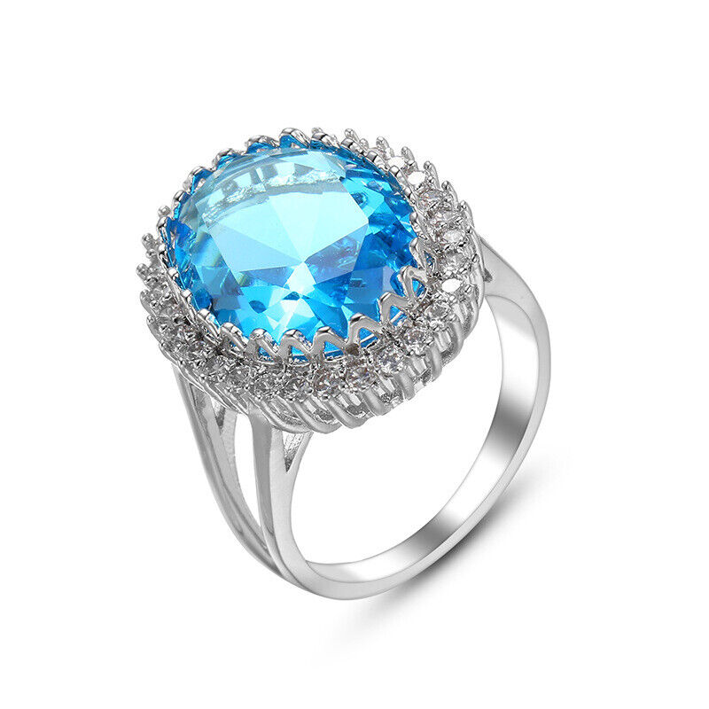 925 Sterling Silver 15mm Oval Sea Blue Topaz Ring