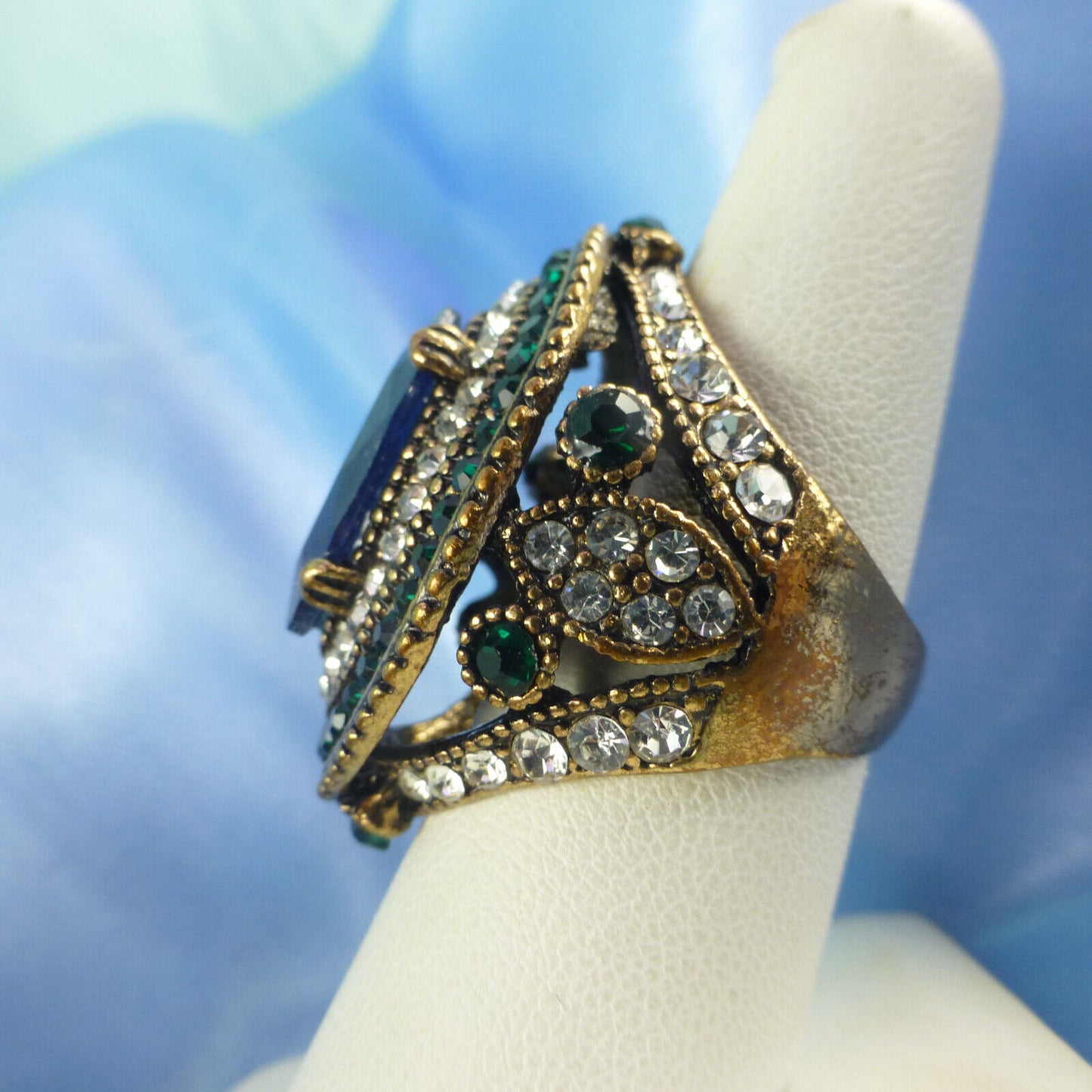 Vintage Bulgaria Blue Marquise Antique Gold Ethnic Ring