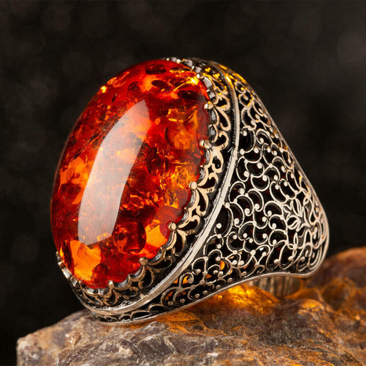 Men's Vintage Red Amber Hollow Silver Turkish Ring