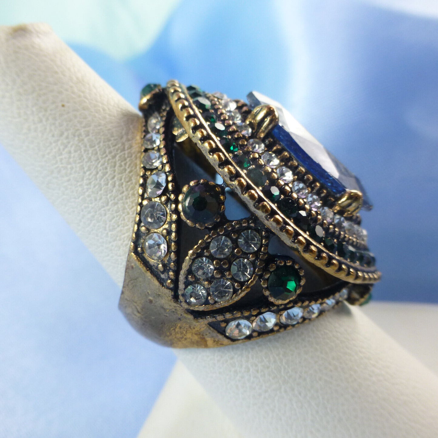 Vintage Bulgaria Blue Marquise Antique Gold Ethnic Ring