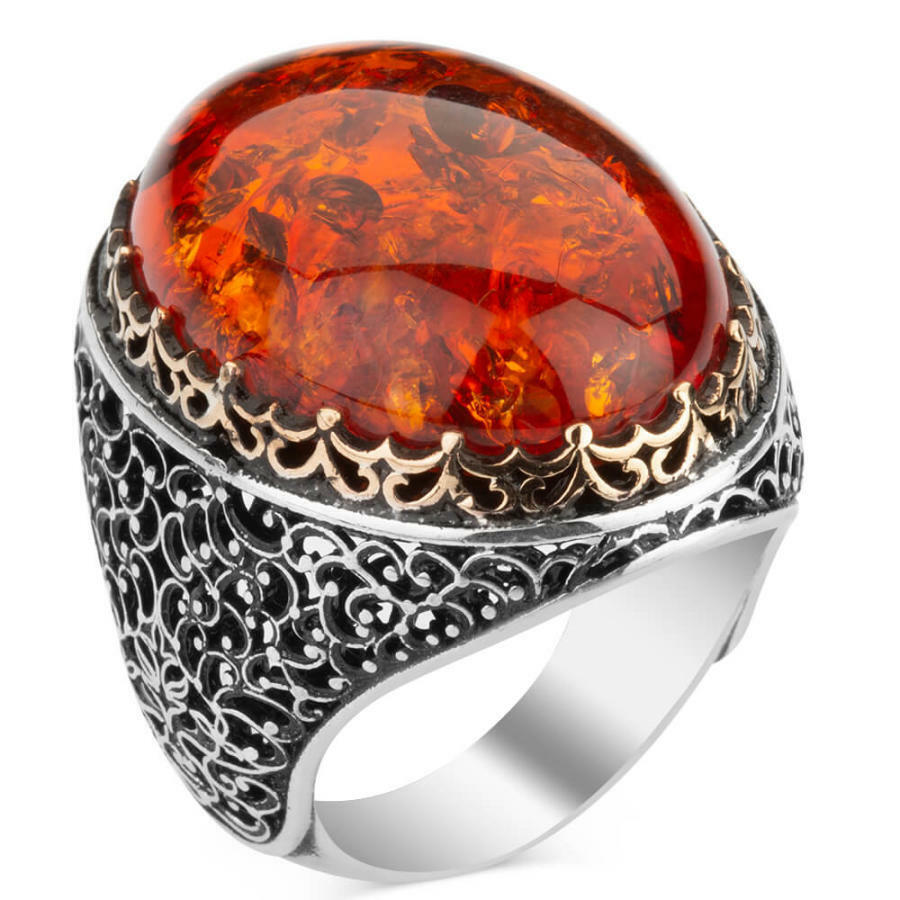 Men's Vintage Red Amber Hollow Silver Turkish Ring