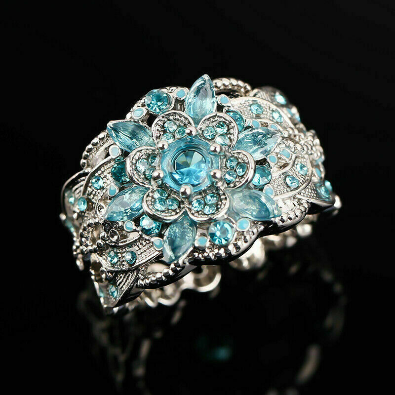 Blue Turquoise Aquamarine Hollow Cabochon Cocktail Ring