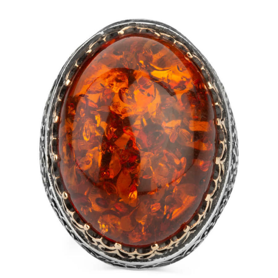 Men's Vintage Red Amber Hollow Silver Turkish Ring