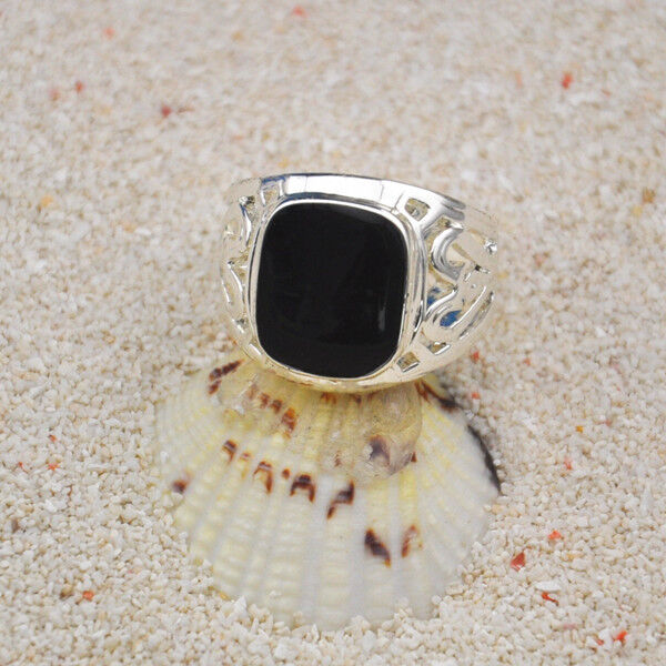 925 Sterling Silver Hollow Black Agate Enamel Ring