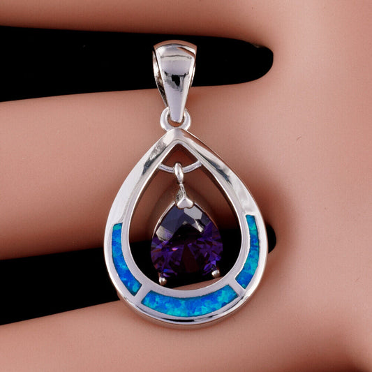 925 Sterling Silver Blue Opal & Purple Amethyst Teardrop Necklace