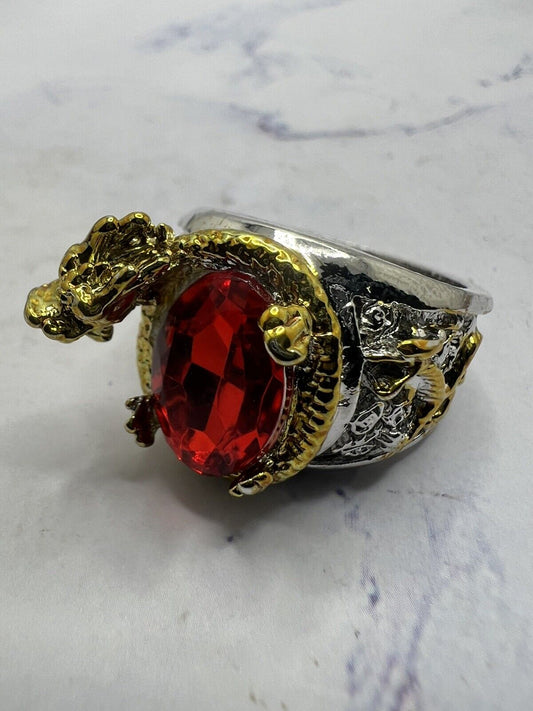 Golden Dragon Inlay Oval Red Crystal Punk Ring