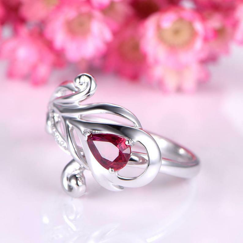 925 Sterling Silver Pink Water Drop Leafy Ring