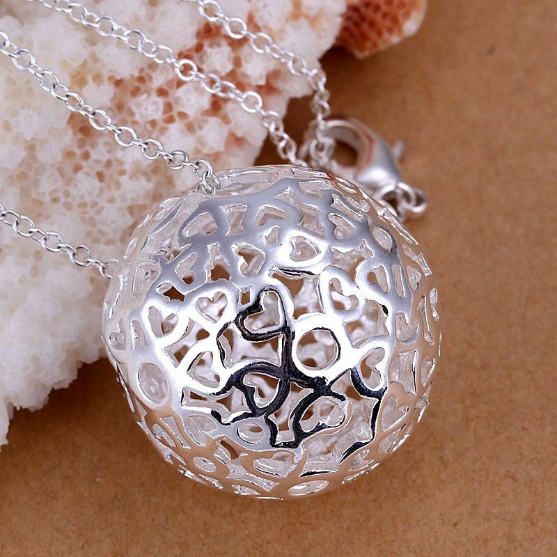 Hollow Heart Ball Sphere Pendant Silver Necklace & 18" Chain