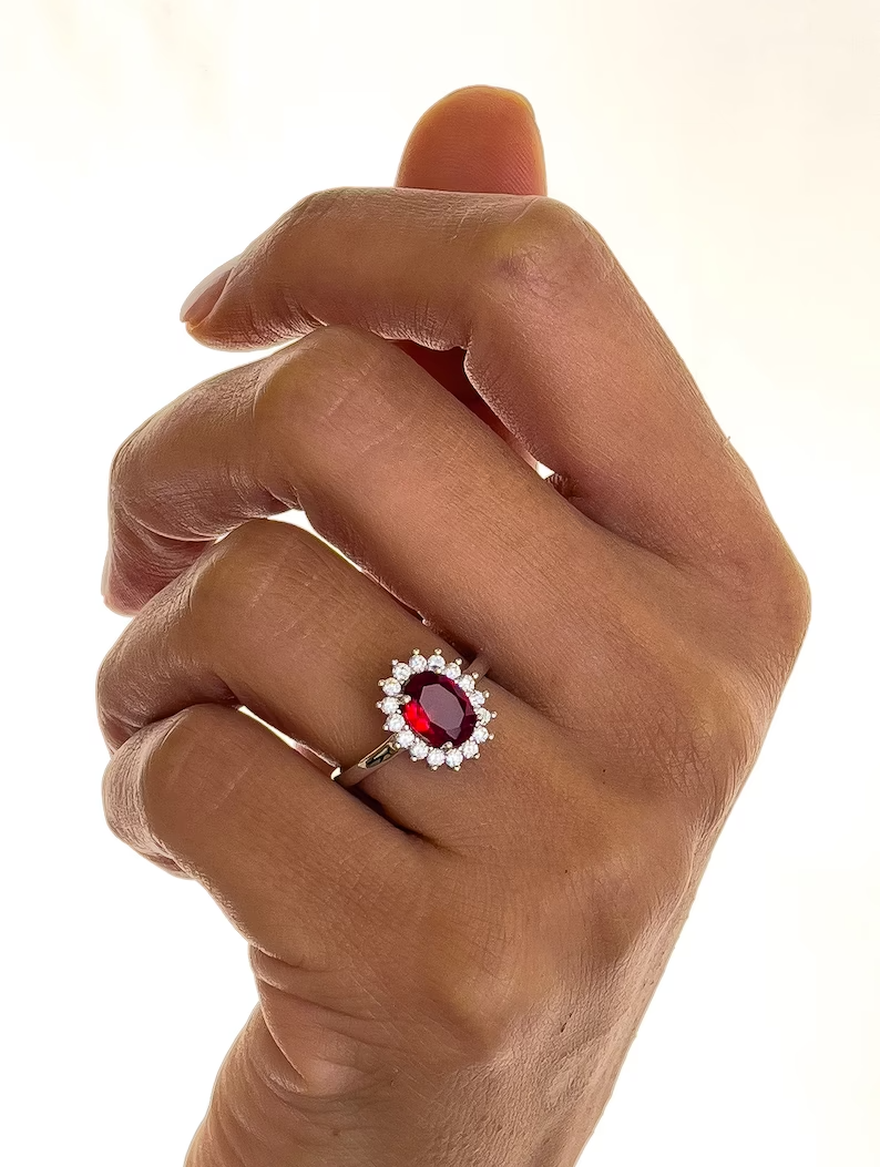 Sterling Silver Oval Ruby Red Flower Open Ring