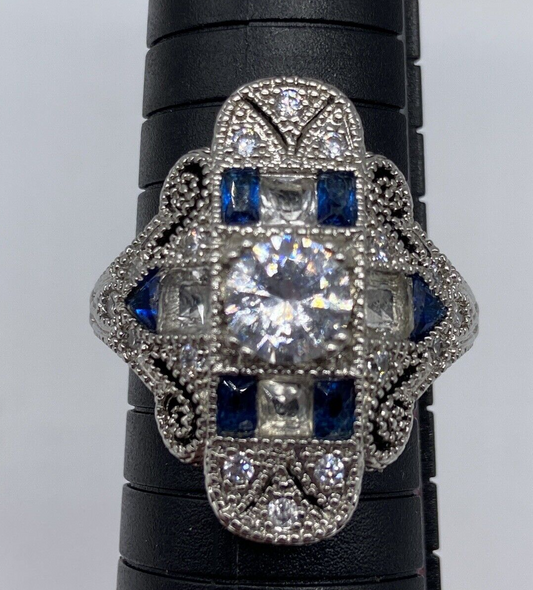 Vintage-Style Art Deco Statement Ring with Blue Sapphire-Color Stones