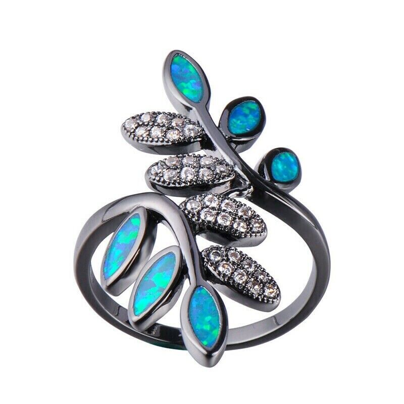 35mm Blue Opal & CZ Zircon Leaf Branch Ring