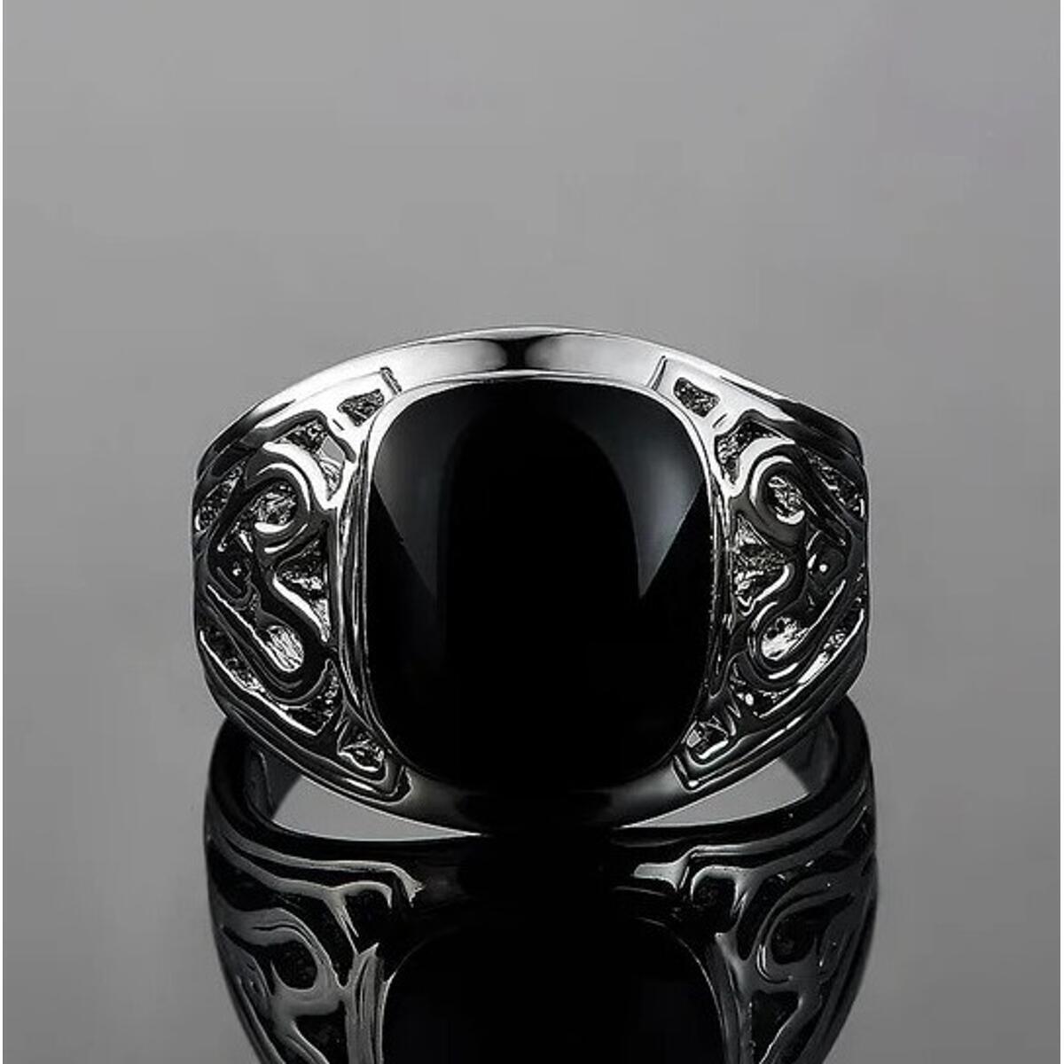 925 Sterling Silver Hollow Black Agate Enamel Ring