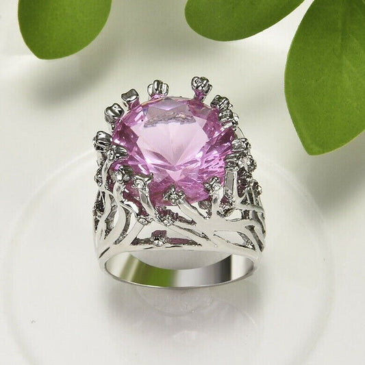 Huge Inlaid Pink Topaz Exaggerated Hollow Branch Ring