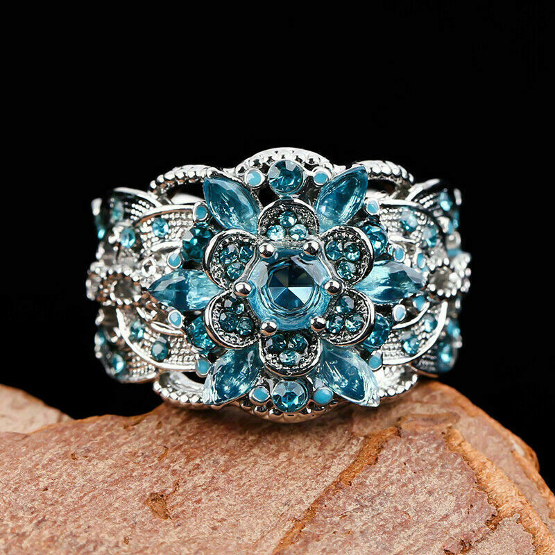Blue Turquoise Aquamarine Hollow Cabochon Cocktail Ring