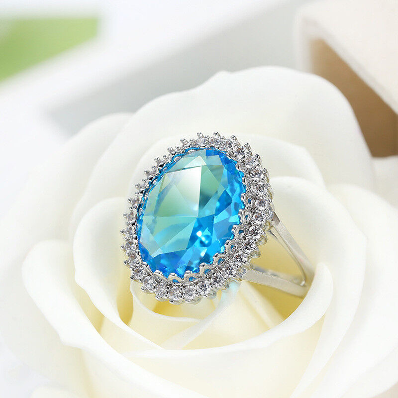 925 Sterling Silver 15mm Oval Sea Blue Topaz Ring