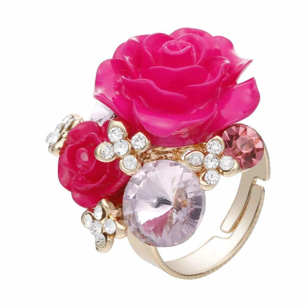 Pink Rose Flower & Rhinestone Floral Decor Open Gold Ring