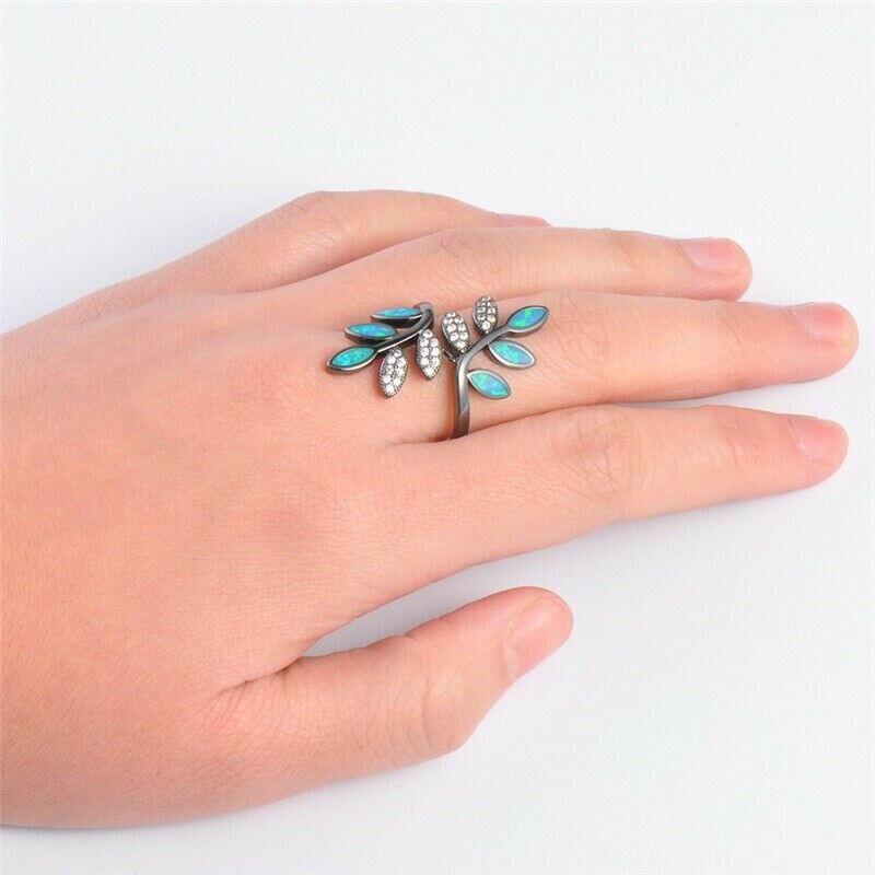 35mm Blue Opal & CZ Zircon Leaf Branch Ring