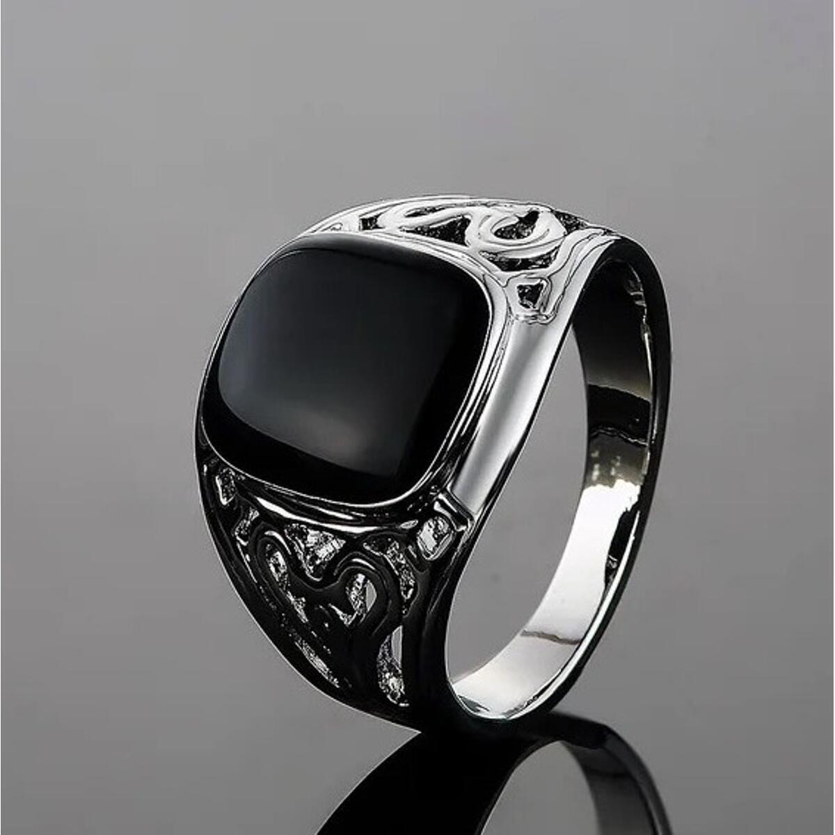 925 Sterling Silver Hollow Black Agate Enamel Ring