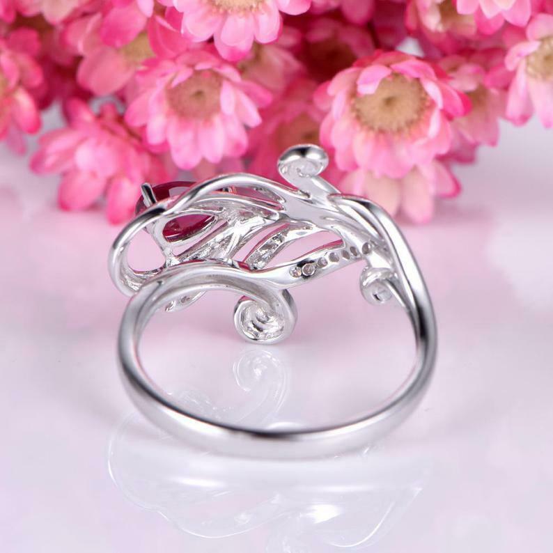 925 Sterling Silver Pink Water Drop Leafy Ring