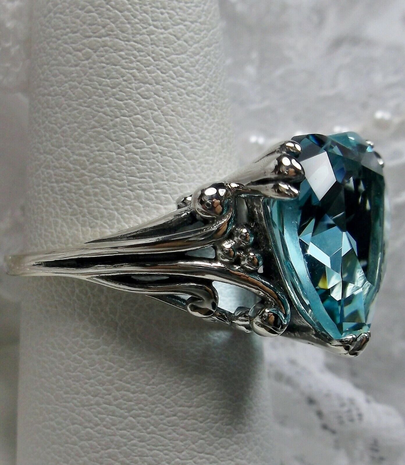 12mm Blue Aquamarine Silver Tone Heart Shaped Ring