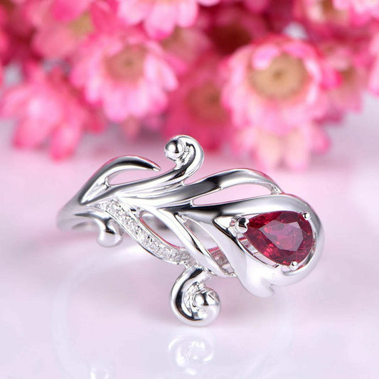 925 Sterling Silver Pink Water Drop Leafy Ring