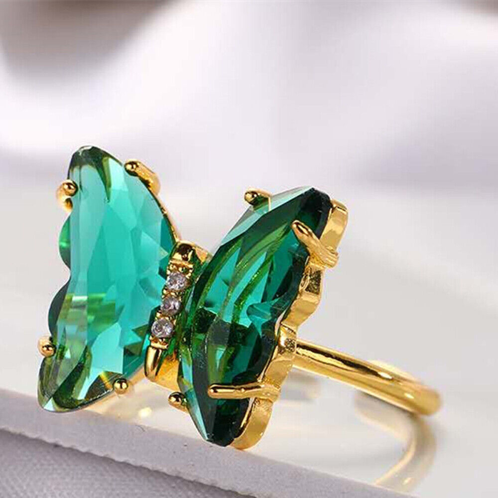 Sweet Emerald Green Crystal Butterfly Open Gold Ring