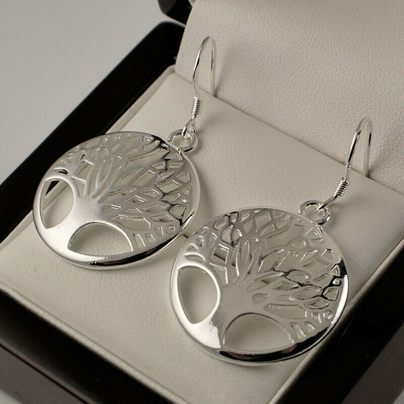 925 Sterling Silver Round Tree Of Life Hook Earrings