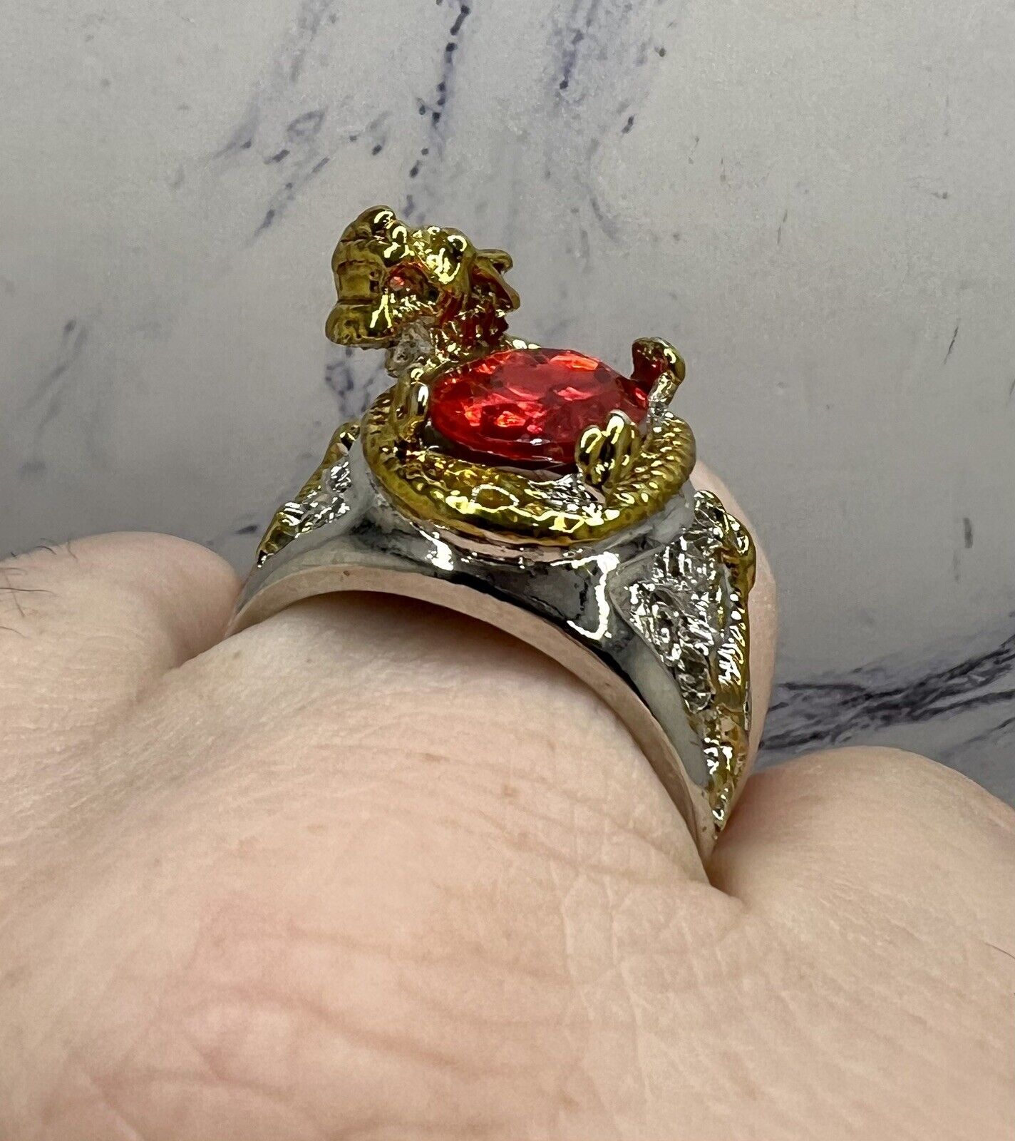 Golden Dragon Inlay Oval Red Crystal Punk Ring