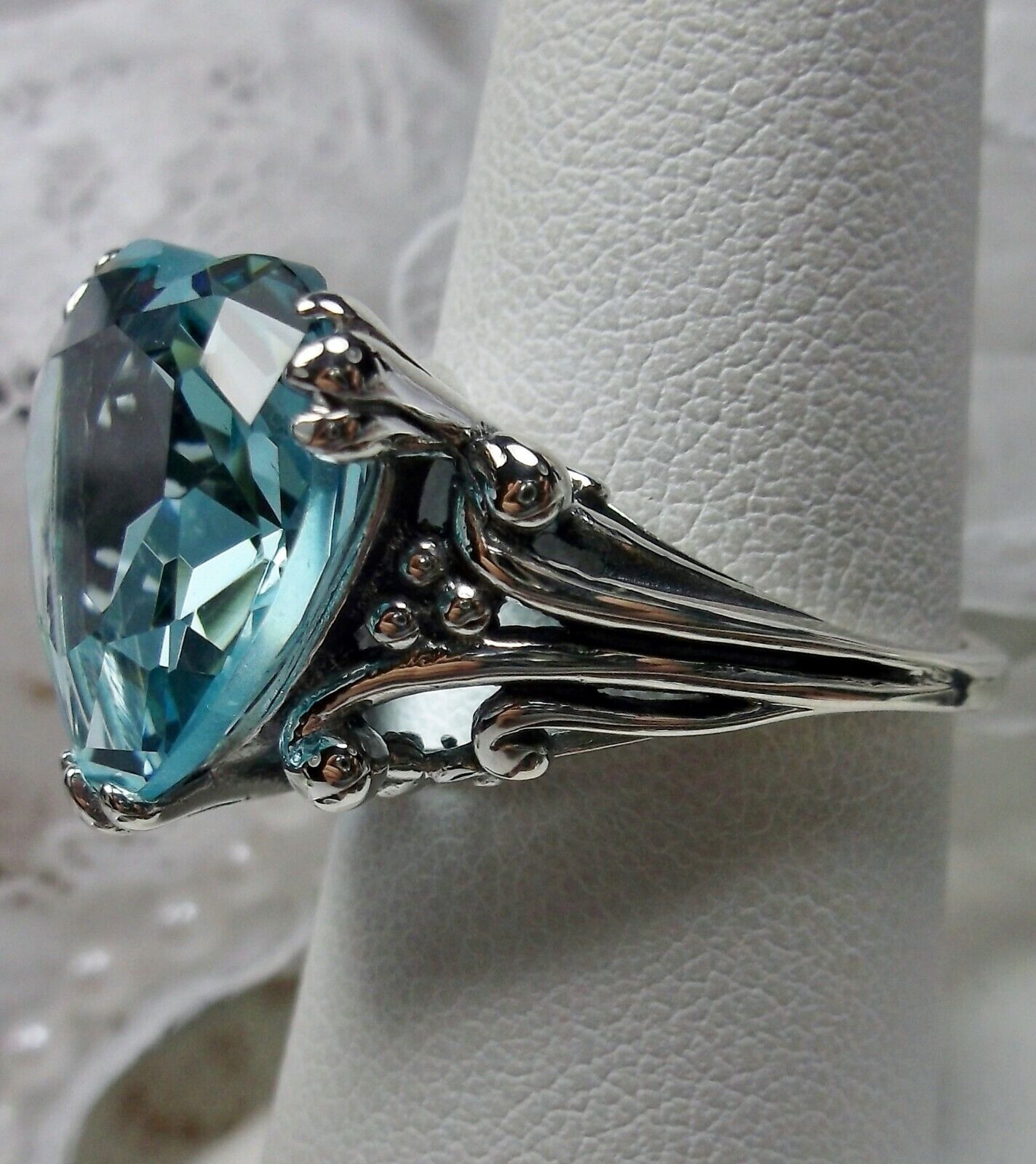 12mm Blue Aquamarine Silver Tone Heart Shaped Ring