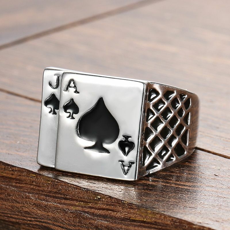 Unique Poker Cards Ace Joker of Spades Silver Ring