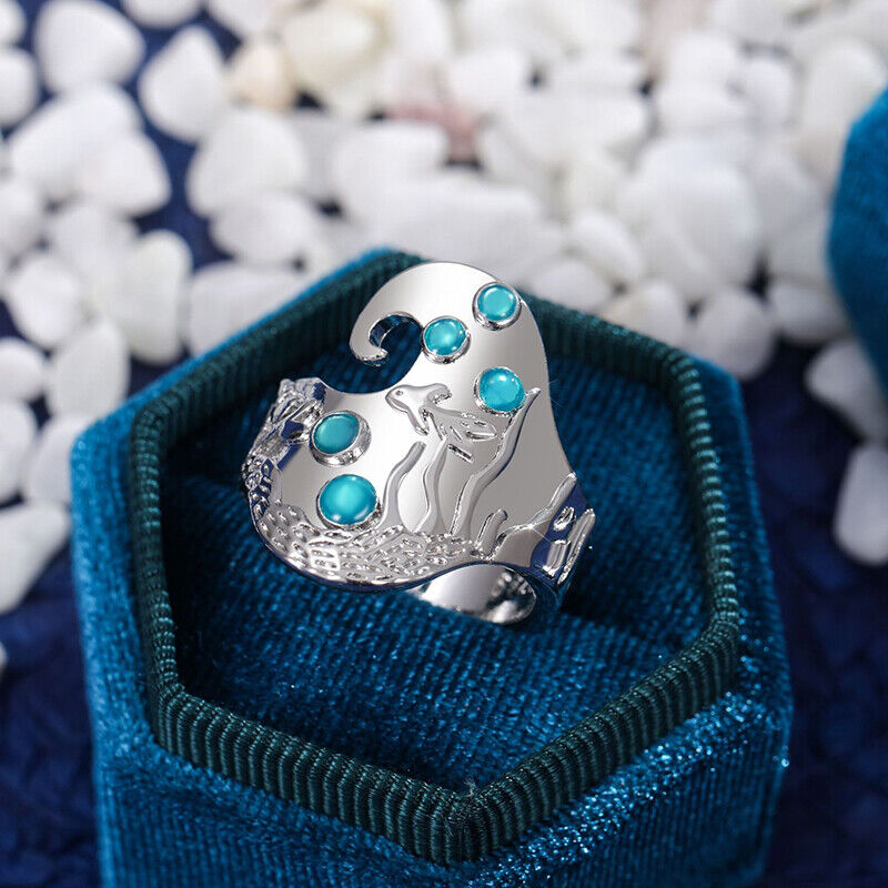 Sterling Silver Carved Fish Underwater Ocean Blue Epoxy Ring