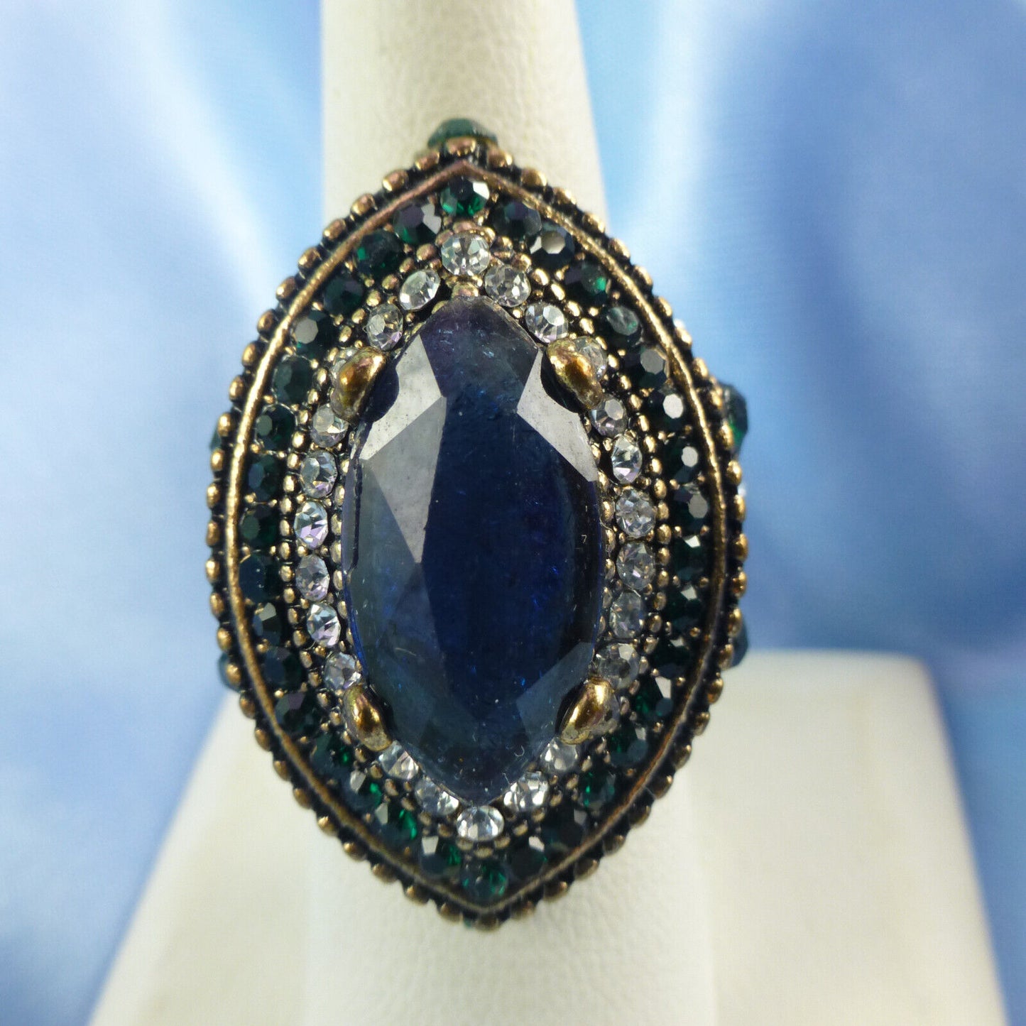 Vintage Bulgaria Blue Marquise Antique Gold Ethnic Ring