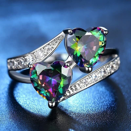 925 Sterling Silver Mystic Rainbow Double Heart Promise Ring