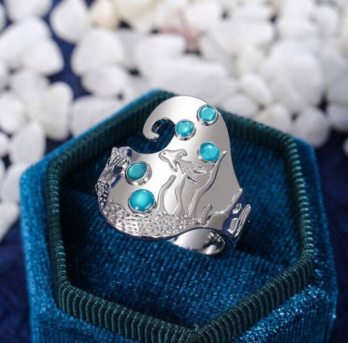 Sterling Silver Carved Fish Underwater Ocean Blue Epoxy Ring