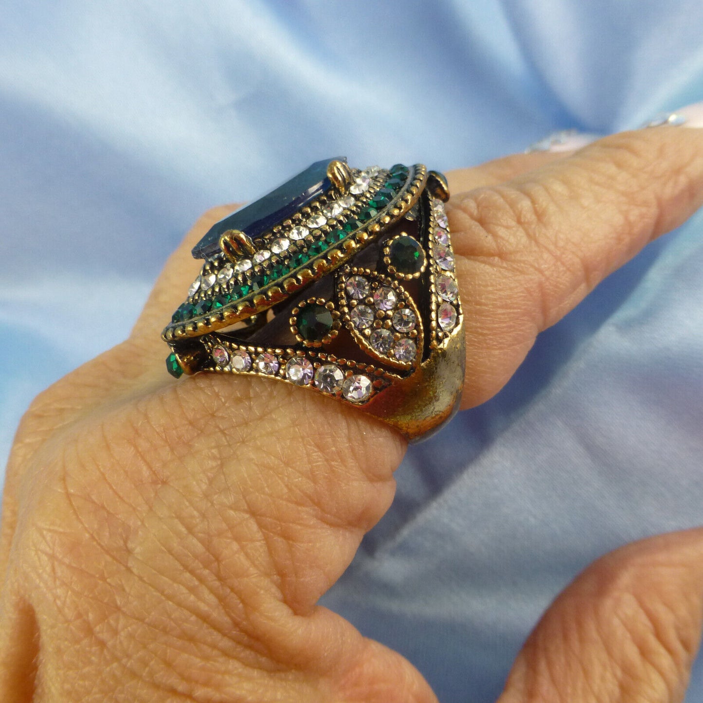 Vintage Bulgaria Blue Marquise Antique Gold Ethnic Ring