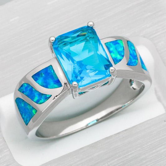 Rectangle Cut Blue Fire Opal Silver Ring