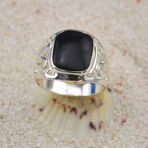 925 Sterling Silver Hollow Black Agate Enamel Ring