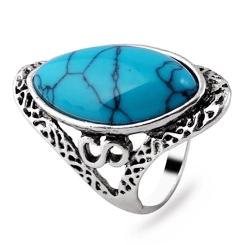 Natural Blue 27mm Stone Hollow Antique Silver Ring