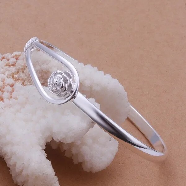 925 Sterling Silver Charm Rose Flower Open Bead Bangle Bracelet