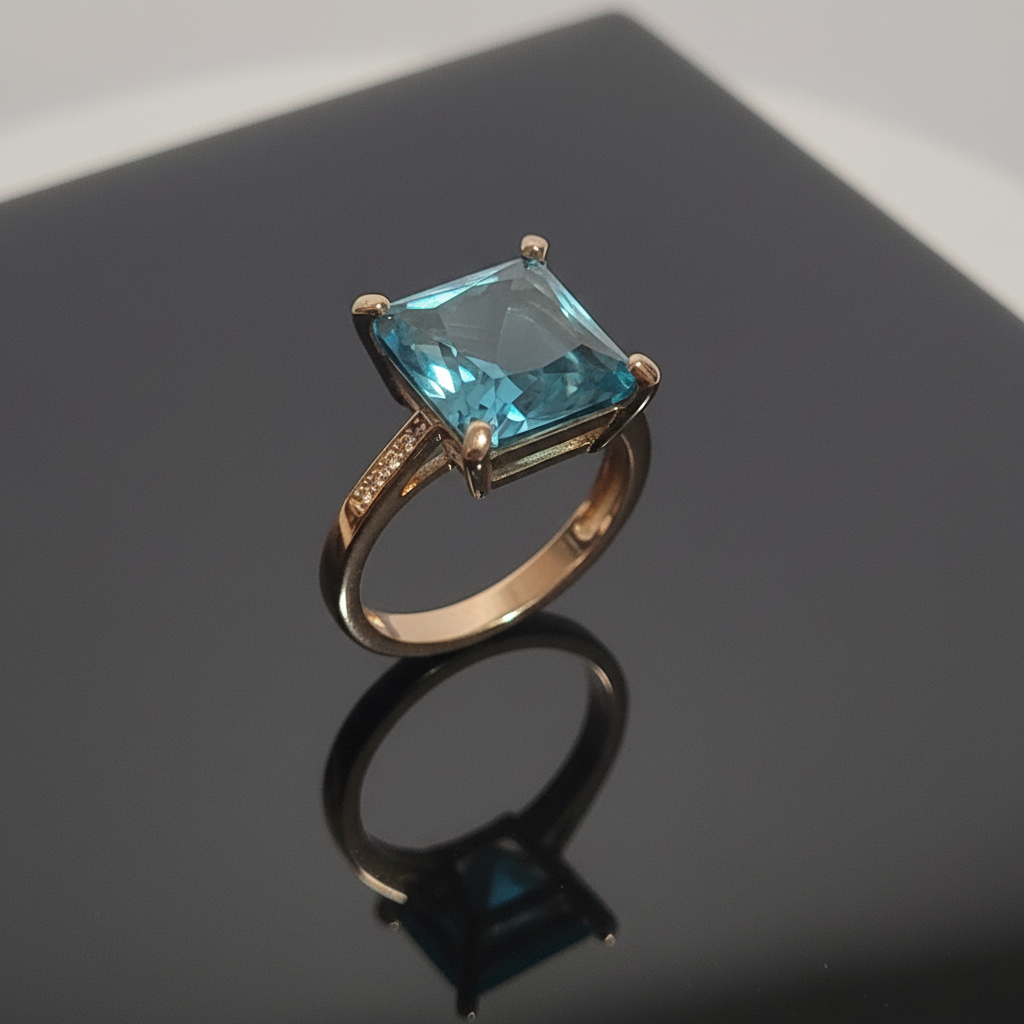 12mm Sterling Silver Filled Sea Blue Square Rhinestone Inlaid Ring