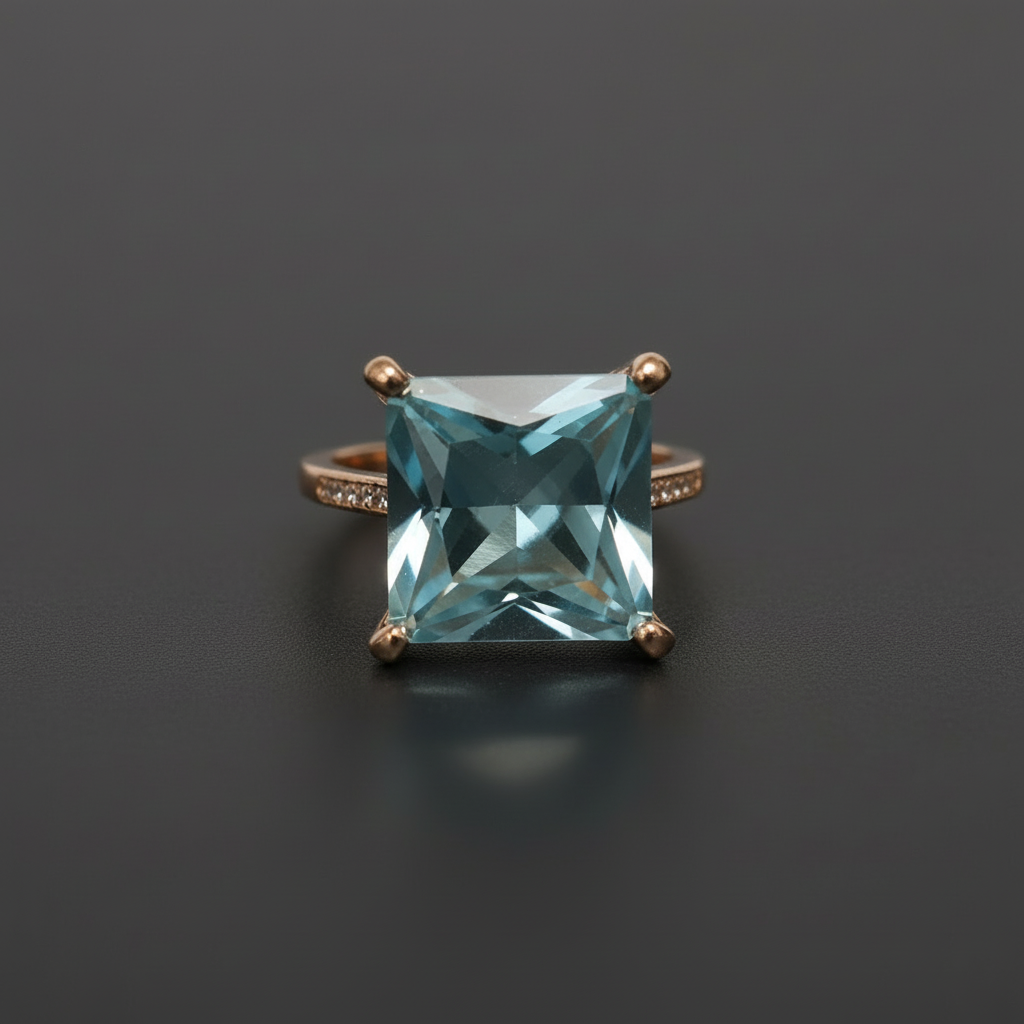 12mm Sterling Silver Filled Sea Blue Square Rhinestone Inlaid Ring