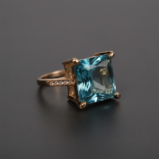 12mm Sterling Silver Filled Sea Blue Square Rhinestone Inlaid Ring