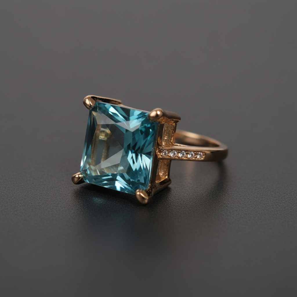 12mm Sterling Silver Filled Sea Blue Square Rhinestone Inlaid Ring