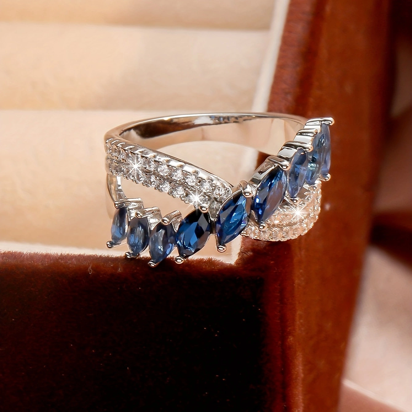 925 Sterling Silver Blue Sapphire Marquise Inlaid Cross Ring