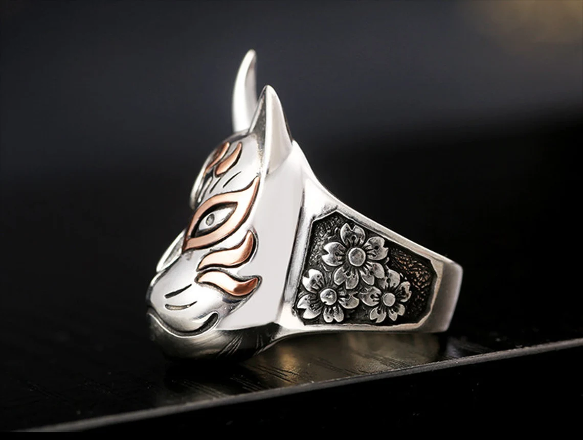 Japanese Prajna Hannya Mask Head Flower Silver Ring