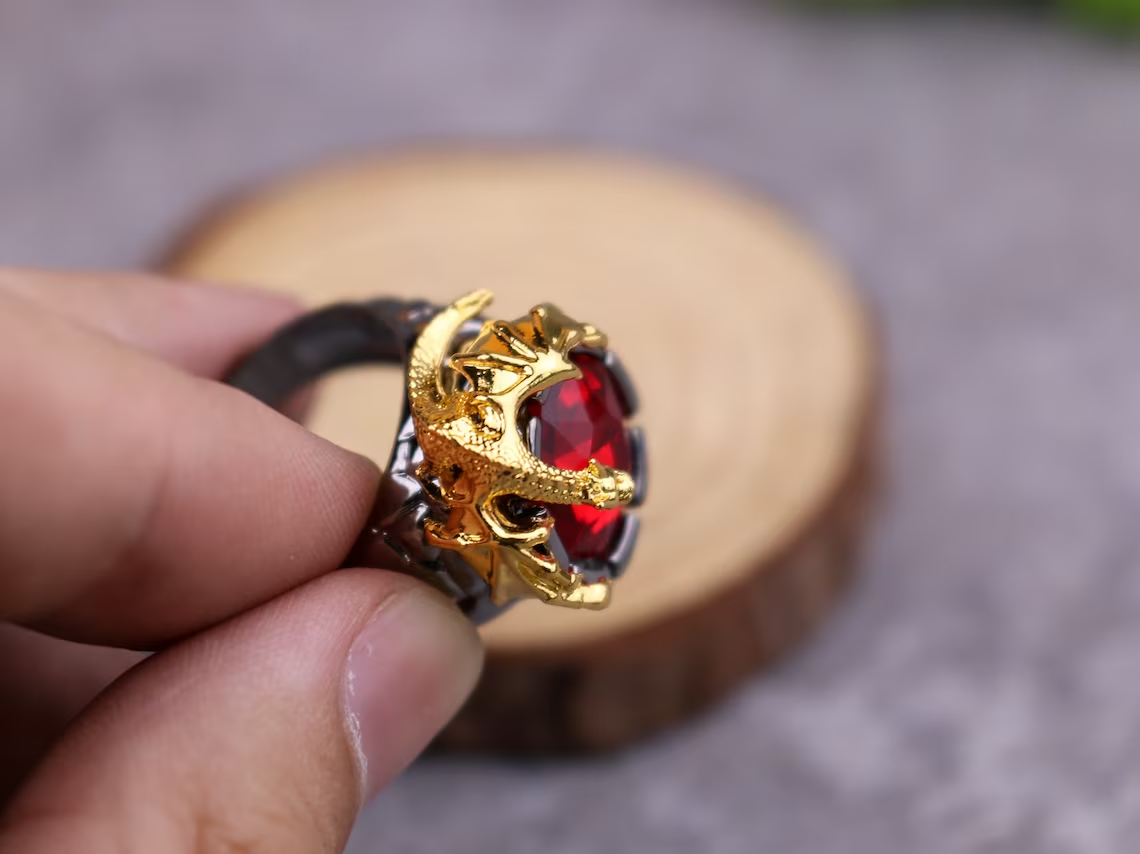925 Sterling Silver Domineering Golden Dragon Red Crystal Ring