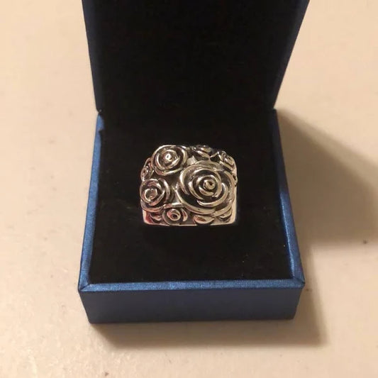 Huge S925 Silver Vintage Rose Flower Cocktail Ring