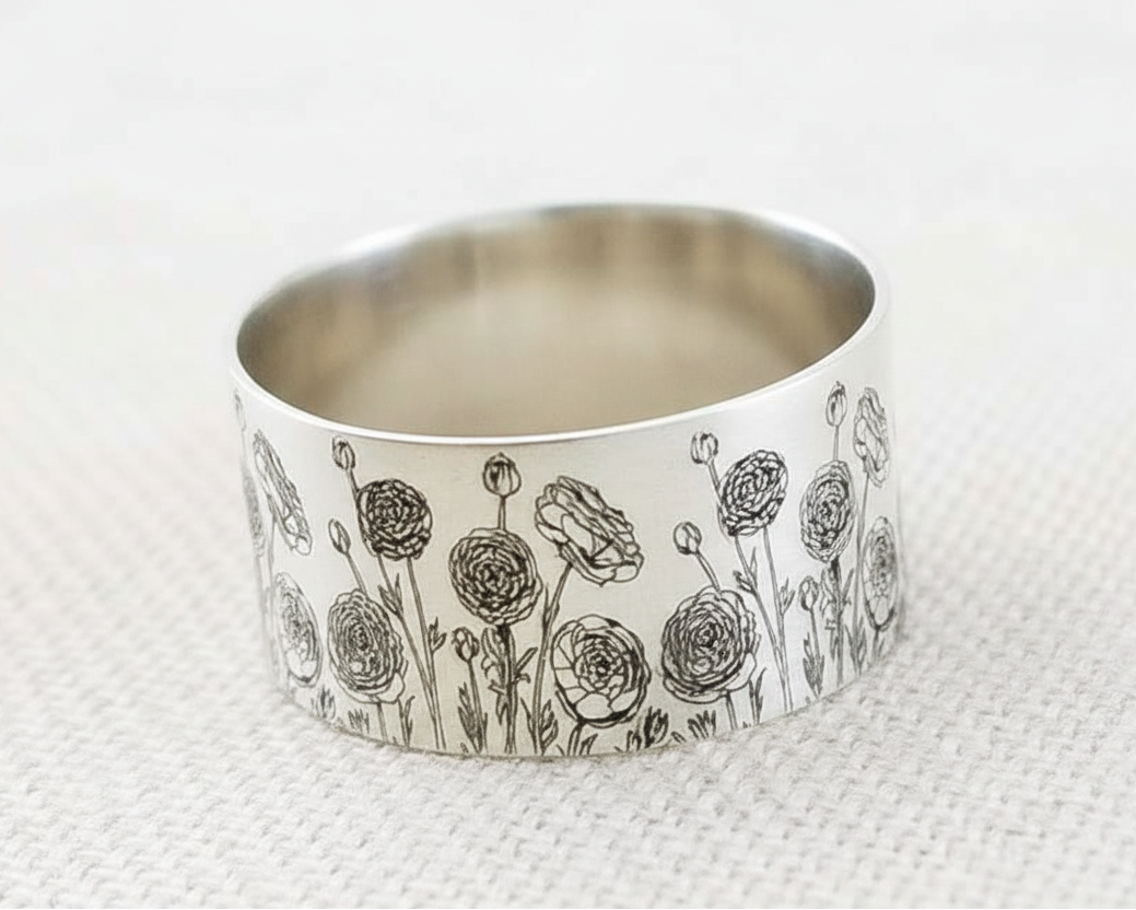 Engraved Dandelion Wildflowers Silver Wide Band Ring