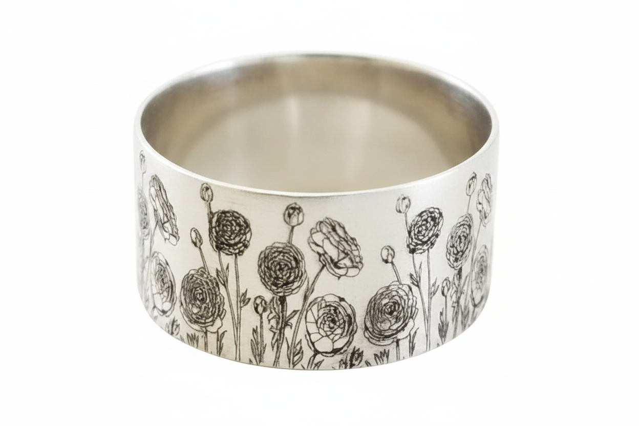 Engraved Dandelion Wildflowers Silver Wide Band Ring