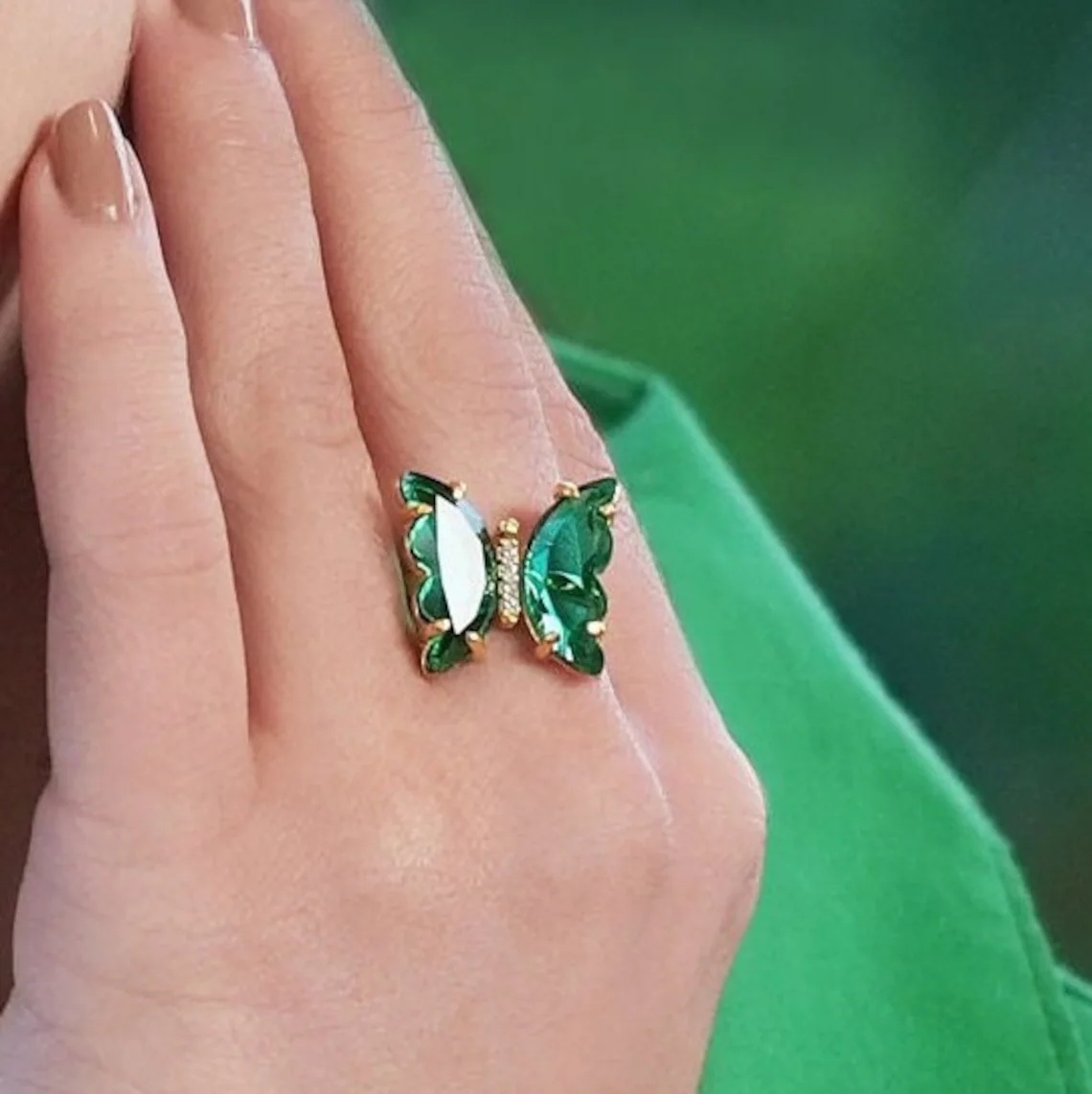 Sweet Emerald Green Crystal Butterfly Open Gold Ring